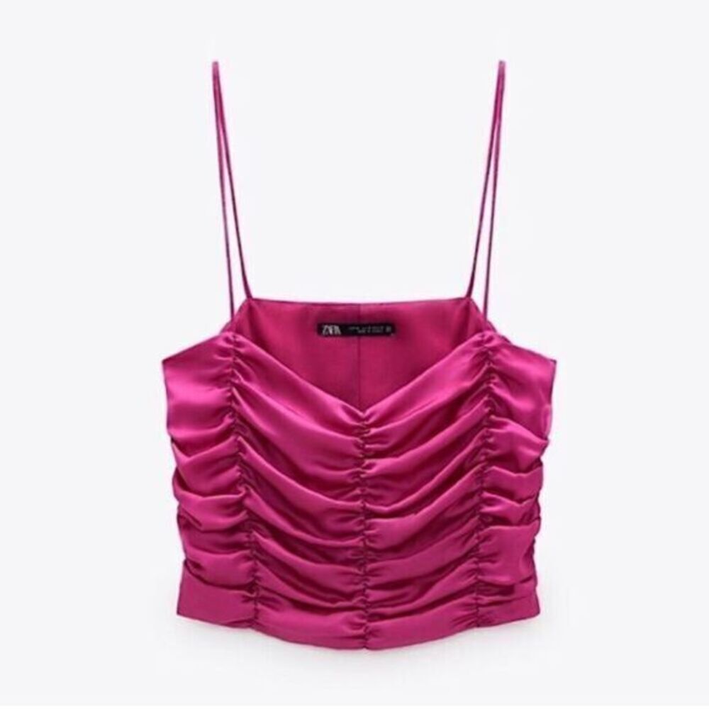 ZARA HOT PINK SATIN RUCHED DRAPE CAMI CROP TOP SMALL